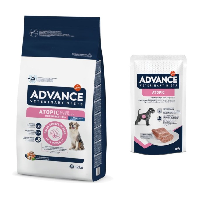 12 kg Advance Veterinary Diets Trockenfutter + 8 x 150 g Ausgewähltes Nassfutter zum Sonderpreis! - Atopic mit Forelle + 8 x