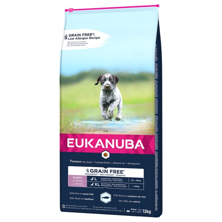 2 kg gratis! 12 kg Eukanuba Grain Free Puppy - Large Breed mit Lachs