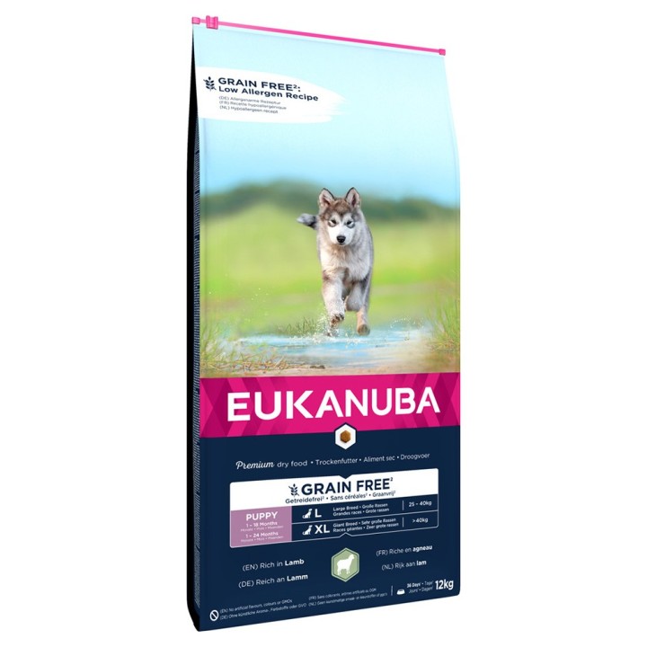 2 kg gratis! 12 kg Eukanuba Grain Free Puppy - Large Breed Lamm