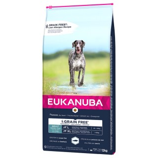 2 kg gratis! 12 kg Eukanuba Grain Free - Adult Large Dogs mit Lachs