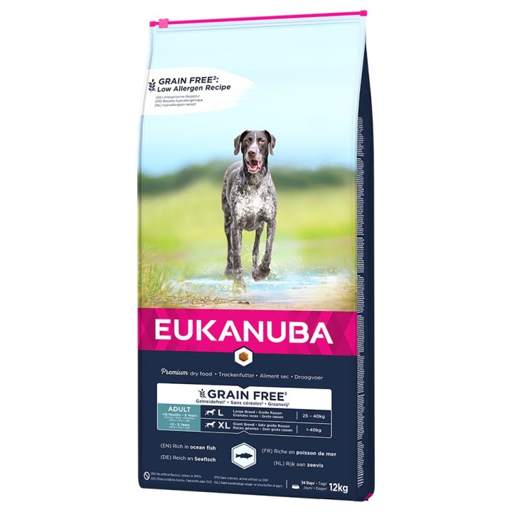 2 kg gratis! 12 kg Eukanuba Grain Free - Adult Large Dogs mit Lachs