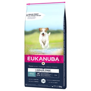 2 kg gratis! 12 kg Eukanuba Grain Free - Adult Small / Medium Breed mit Seefisch