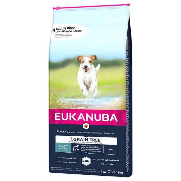 2 kg gratis! 12 kg Eukanuba Grain Free - Adult Small / Medium Breed mit Seefisch