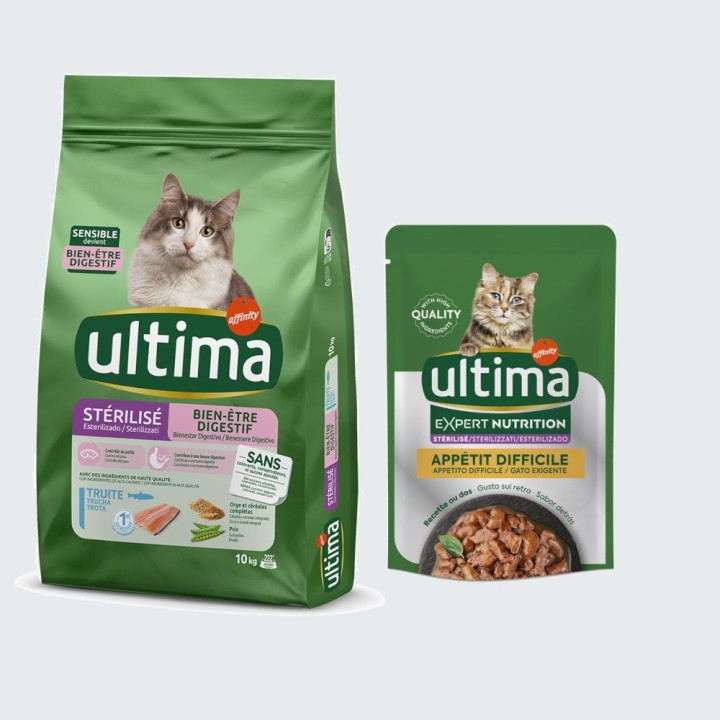 10 kg Ultima Trockenfutter + passendes Nassfutter gratis! - Sterilized Sensible Forelle + 4 x 70 g Expert Nutrition Difficult