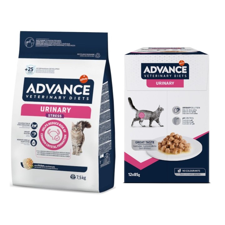 Advance Veterinary Diets Trockenfutter + 12 x 85 g Urinary Diät-Nassfutter zum Sonderpreis! - 7,5 kg Urinary Stress + 12 x 85