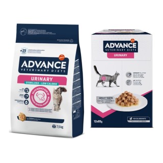 Advance Veterinary Diets Trockenfutter + 12 x 85 g Urinary Diät-Nassfutter zum Sonderpreis! - 7,5 kg Sterilized Low Calorie +