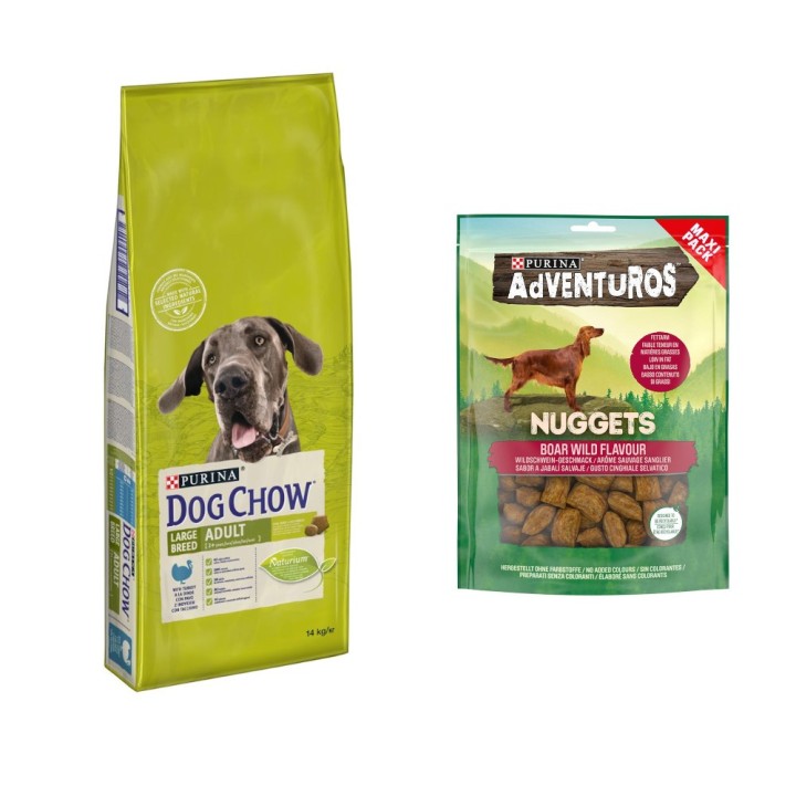 14 kg PURINA Dog Chow + 90 g Adventuros NUGGETS gratis! - Large Breed Pute