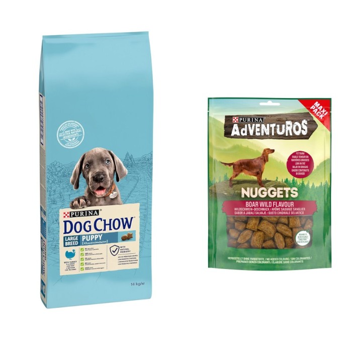 14 kg PURINA Dog Chow + 90 g Adventuros NUGGETS gratis! - Puppy Large Breed Truthahn
