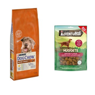 14 kg PURINA Dog Chow + 90 g Adventuros NUGGETS gratis! - Mature Senior Huhn