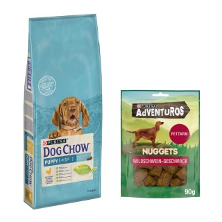 14 kg PURINA Dog Chow + 90 g Adventuros NUGGETS gratis! - Puppy Huhn