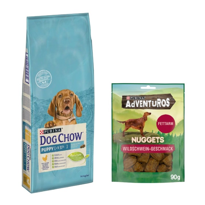 14 kg PURINA Dog Chow + 90 g Adventuros NUGGETS gratis! - Puppy Huhn