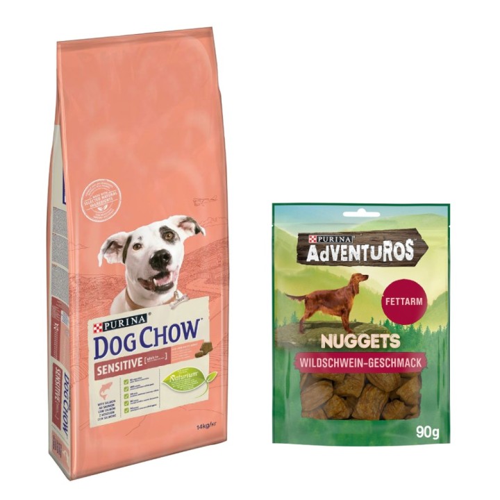 14 kg PURINA Dog Chow + 90 g Adventuros NUGGETS gratis! - Adult Sensitive Lachs
