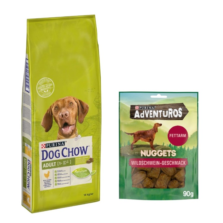 14 kg PURINA Dog Chow + 90 g Adventuros NUGGETS gratis! - Adult Huhn