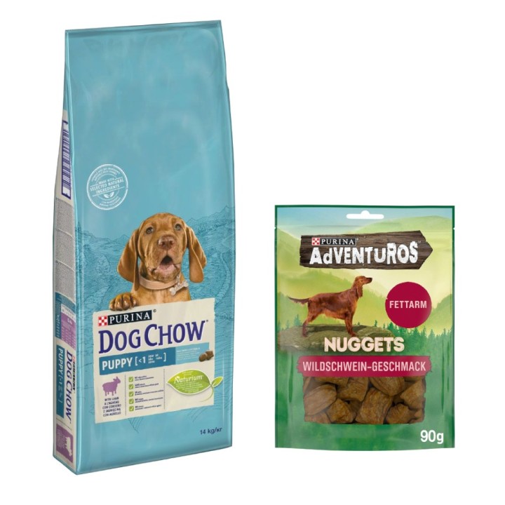 14 kg PURINA Dog Chow + 90 g Adventuros NUGGETS gratis! - Puppy Lamm