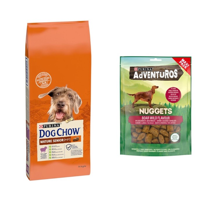 14 kg PURINA Dog Chow + 90 g Adventuros NUGGETS gratis! - Senior Lamm