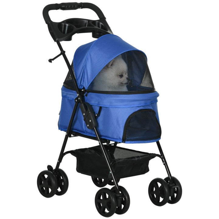 PawHut Hundewagen Hundebuggy mit Klappfunktion Pet Stroller für kleine Hunde und Katzen Haustierwagen Katzenbuggy Oxford Blau