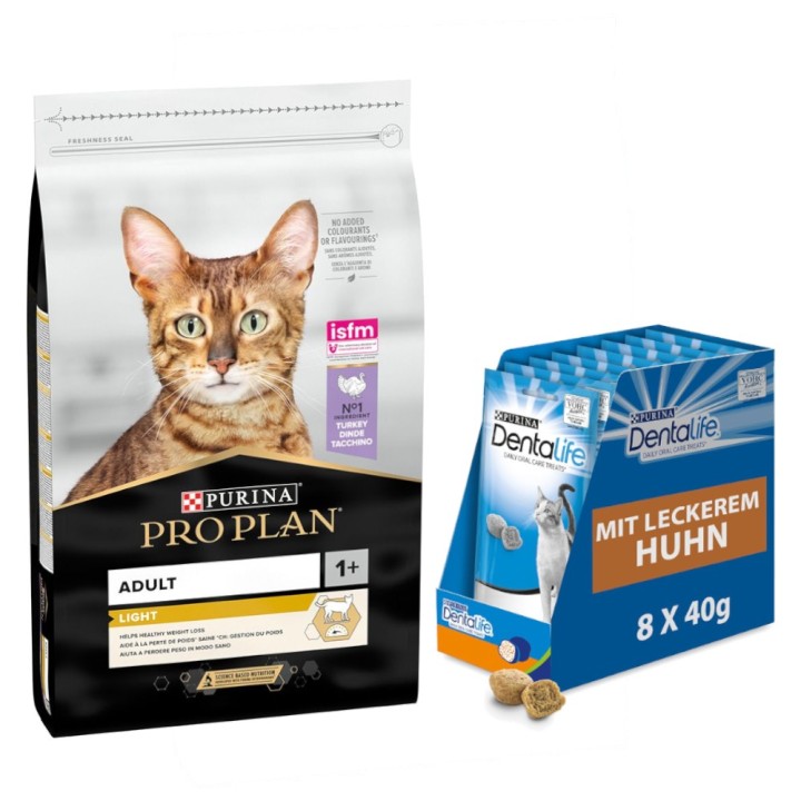 10 kg PURINA PRO PLAN + 8 x 40 g Dentalife Tägliche Zahnpflege-Snacks gratis! - Light Adult reich an Truthahn