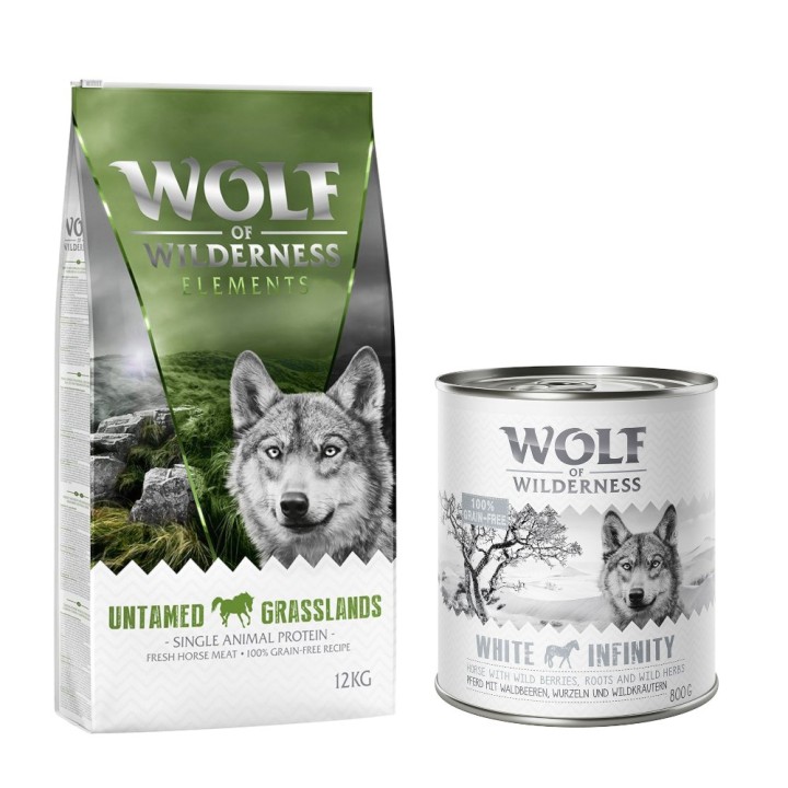 Wolf of Wilderness Kombi-Paket: Adult Trockenfutter + passende Nassfutter - 12 kg Untamed Grasslands - Pferd + 24 x 800 g Whi