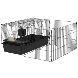 PawHut Kleintierstall mit Auslauf, 112,5L x 99B x 54H cm, mit Wasserflasche, Futterrinne, Futterschale, für Kleintiere, Stahl