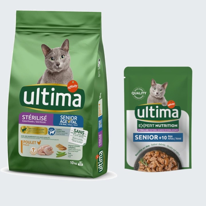 10 kg Ultima Trockenfutter + passendes Nassfutter gratis! - Sterilized Senior + 4 x 70 g Expert Nutrition Senior Huhn & Rind