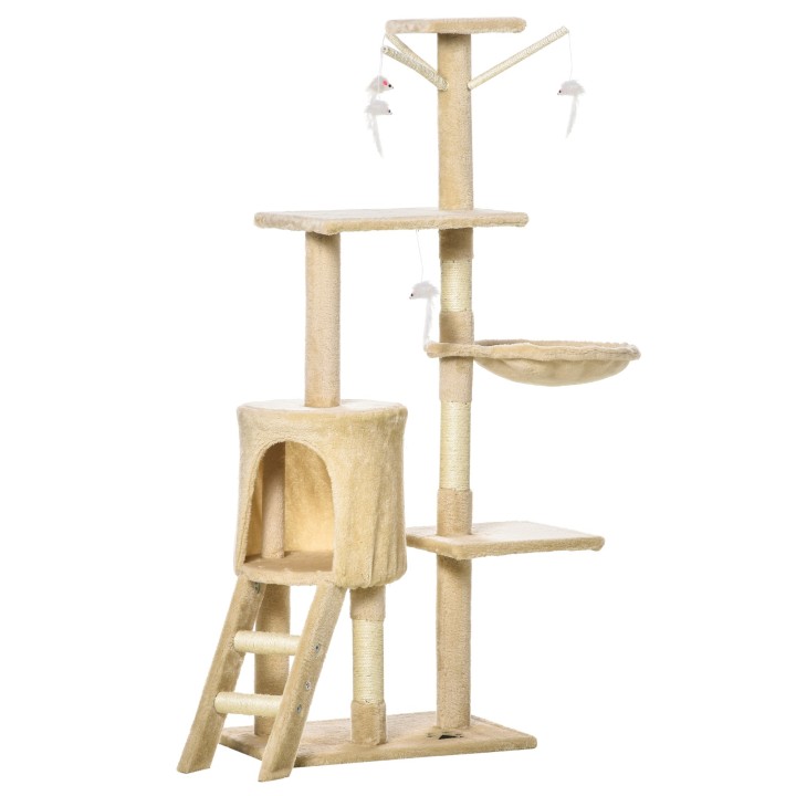 PawHut mehrstufiger Kratzbaum mit Kratzsäulen und Treppe, Liegeflächen und Spielzeugen, Beige 134,2 cm hoch, ideal für Aktivi