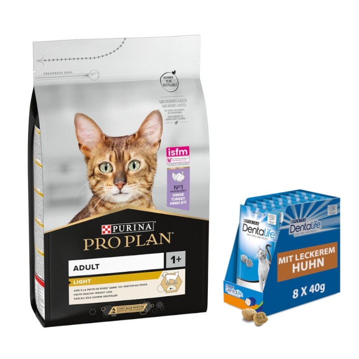 3 kg PURINA PRO PLAN + 8 x 40 g Dentalife Tägliche Katzensnacks mit Huhn gratis! - Light Adult reich an Truthahn