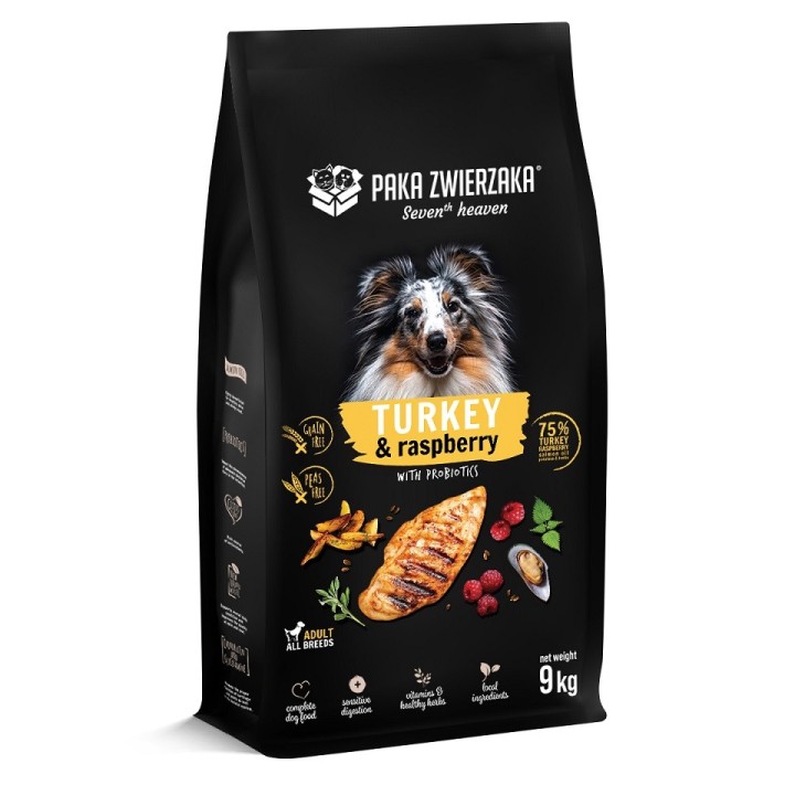 PAKA ZWIERZAKA Seventh Heaven Trockenfutter mit Truthahn und Himbeeren 9kg + Rindfleischwurst für Hunde 200g GRATIS!
