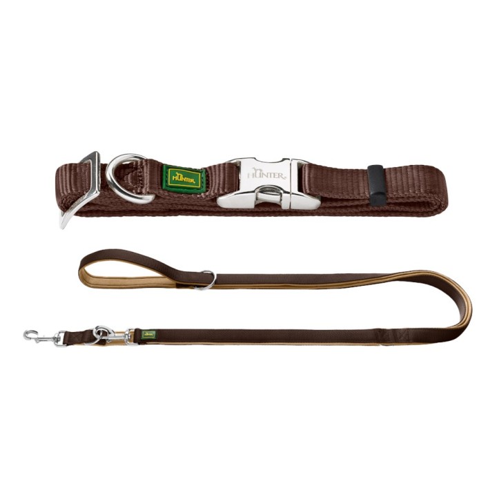 HUNTER Neopren Führleine, braun/karamell - Sparpaket: Leash Neopren + Collar Vario Basic Alu-Strong M