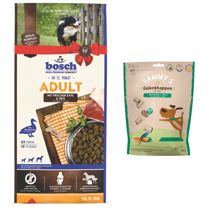 15 kg bosch Trockenfutter + 350 g Sammy's Gelenkhappen gratis! - Adult Ente & Reis
