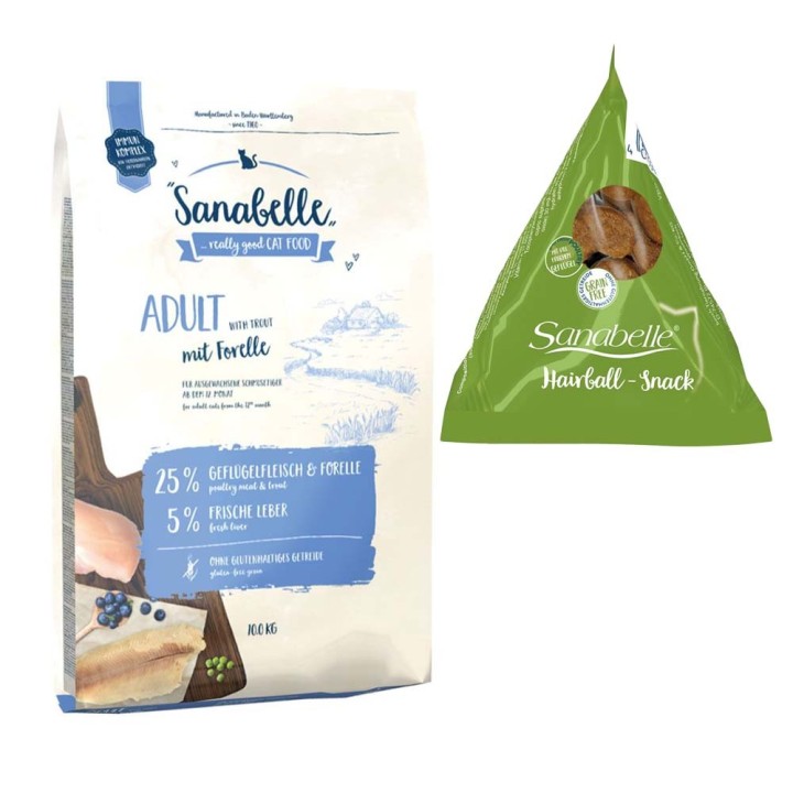 10 kg Sanabelle Trockenfutter + 12 x 20 g Hairball Snack im Tetraeder gratis! - Adult mit Forelle