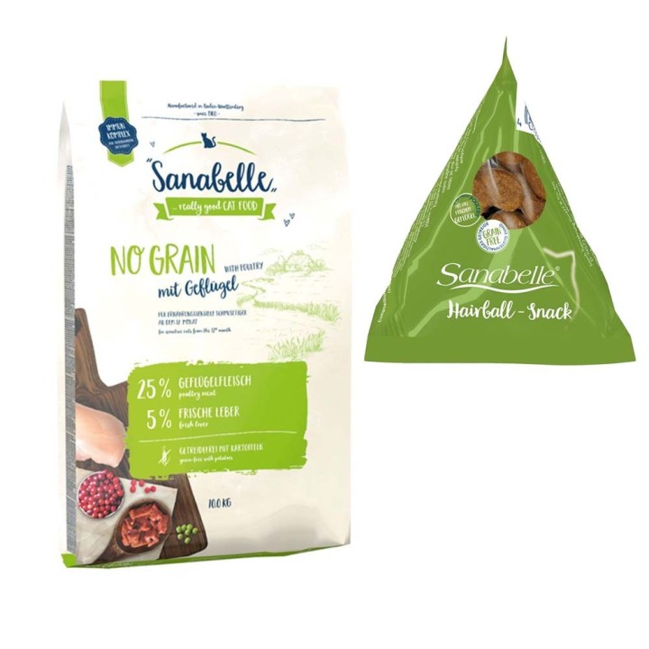 10 kg Sanabelle Trockenfutter + 12 x 20 g Hairball Snack im Tetraeder gratis! - No Grain