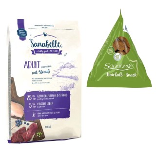 10 kg Sanabelle Trockenfutter + 12 x 20 g Hairball Snack im Tetraeder gratis! - Adult mit Strauß