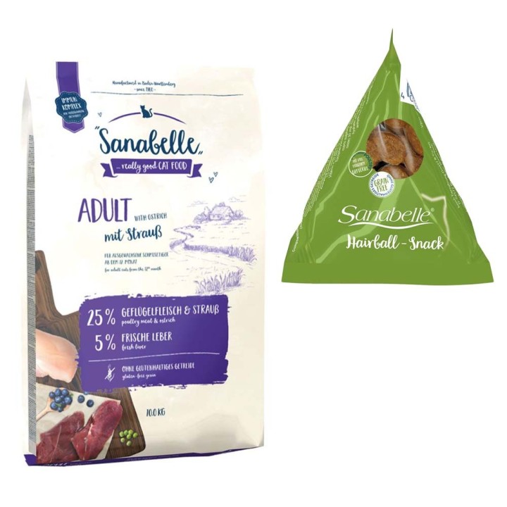 10 kg Sanabelle Trockenfutter + 12 x 20 g Hairball Snack im Tetraeder gratis! - Adult mit Strauß