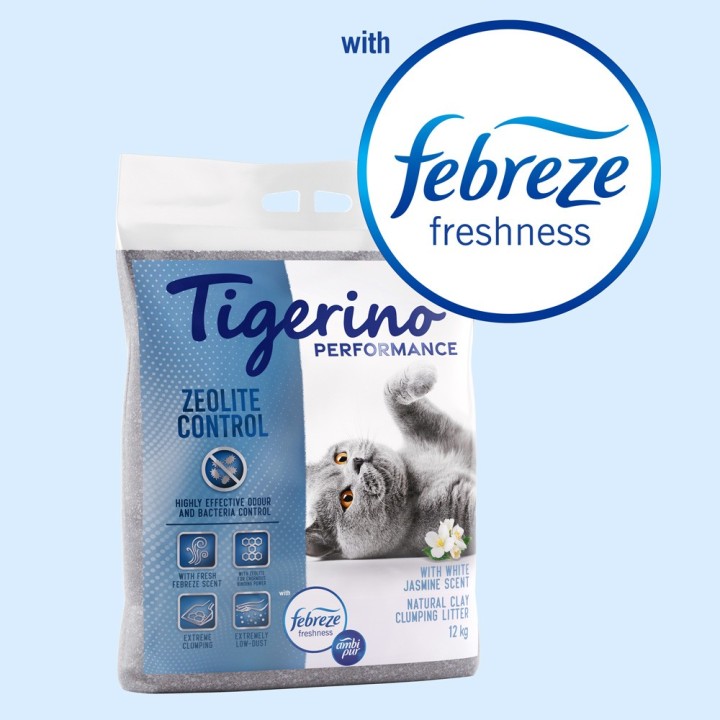 Sparpakete Tigerino Performance Katzenstreu zum Sonderpreis! - Zeolite Control mit Febreze-Jasminblütenduft (2 x 12 kg)