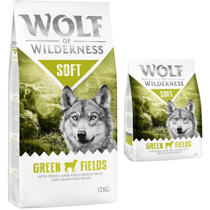 12 + 1 kg gratis! 13 kg Wolf of Wilderness Trockenfutter 'Soft' Green Fields - Lamm (halbfeucht)