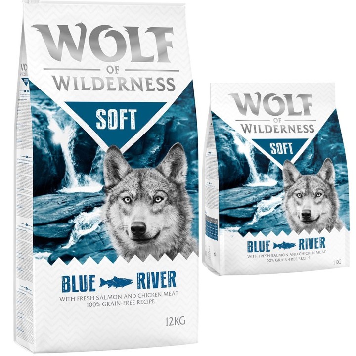 12 + 1 kg gratis! 13 kg Wolf of Wilderness Trockenfutter 'Soft' Blue River - Lachs (halbfeucht)
