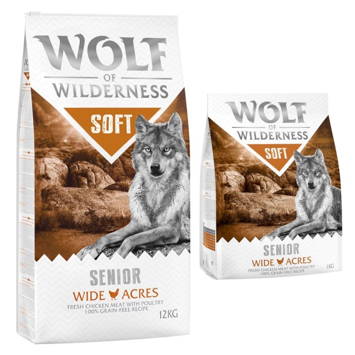 12 + 1 kg gratis! 13 kg Wolf of Wilderness Trockenfutter SENIOR Wide Acres - Huhn (Soft & Strong)