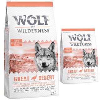 12 + 1 kg gratis! 13 kg Wolf of Wilderness Trockenfutter Great Desert - Pute