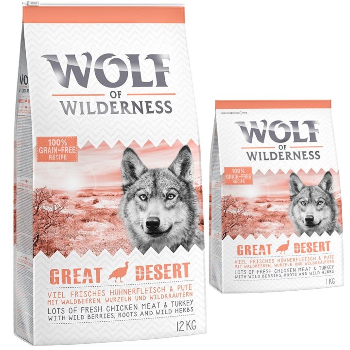 12 + 1 kg gratis! 13 kg Wolf of Wilderness Trockenfutter Great Desert - Pute