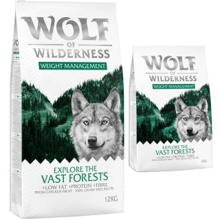 12 + 1 kg gratis! 13 kg Wolf of Wilderness Trockenfutter Explore The Vast Forests - Huhn (Weight Management)