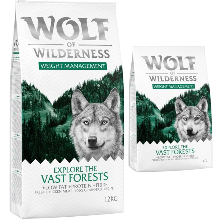 12 + 1 kg gratis! 13 kg Wolf of Wilderness Trockenfutter Explore The Vast Forests - Huhn (Weight Management)