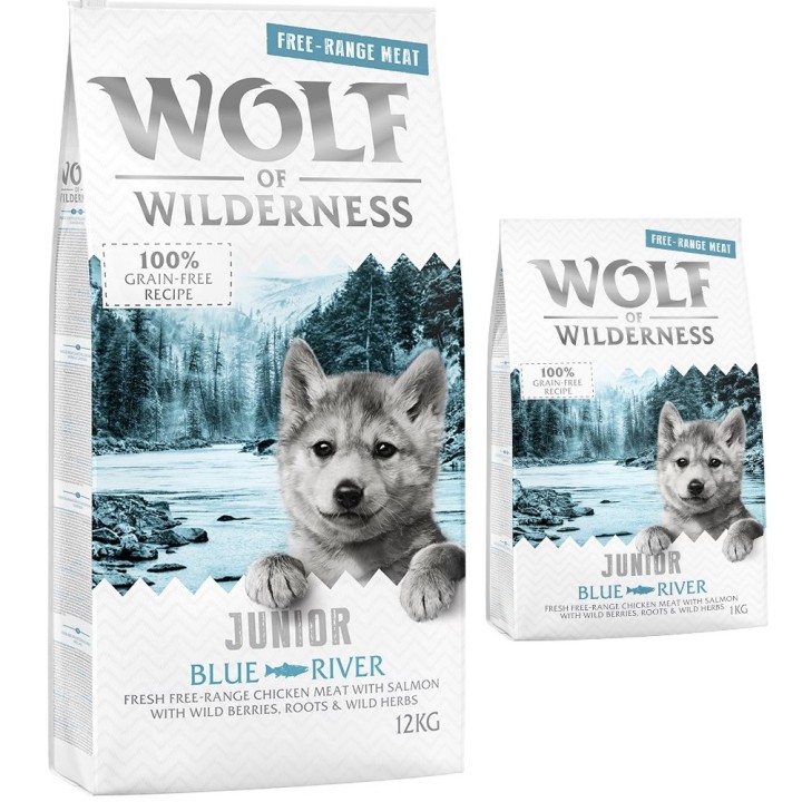 12 + 1 kg gratis! 13 kg Wolf of Wilderness Trockenfutter JUNIOR Blue River - Freilandhuhn & Lachs