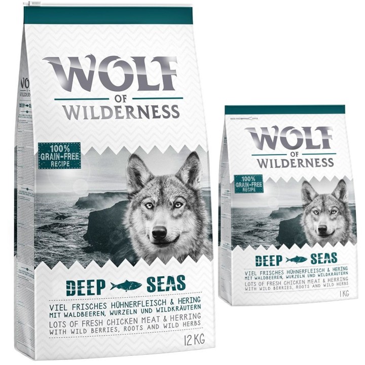 12 + 1 kg gratis! 13 kg Wolf of Wilderness Trockenfutter Deep Seas - Hering