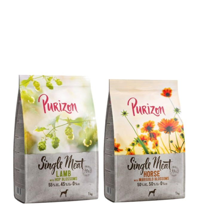 Purizon Probierpaket 2 x 1 kg - Single Meat: Pferd mit Ringelblumen, Lamm mit Hopfenblüten