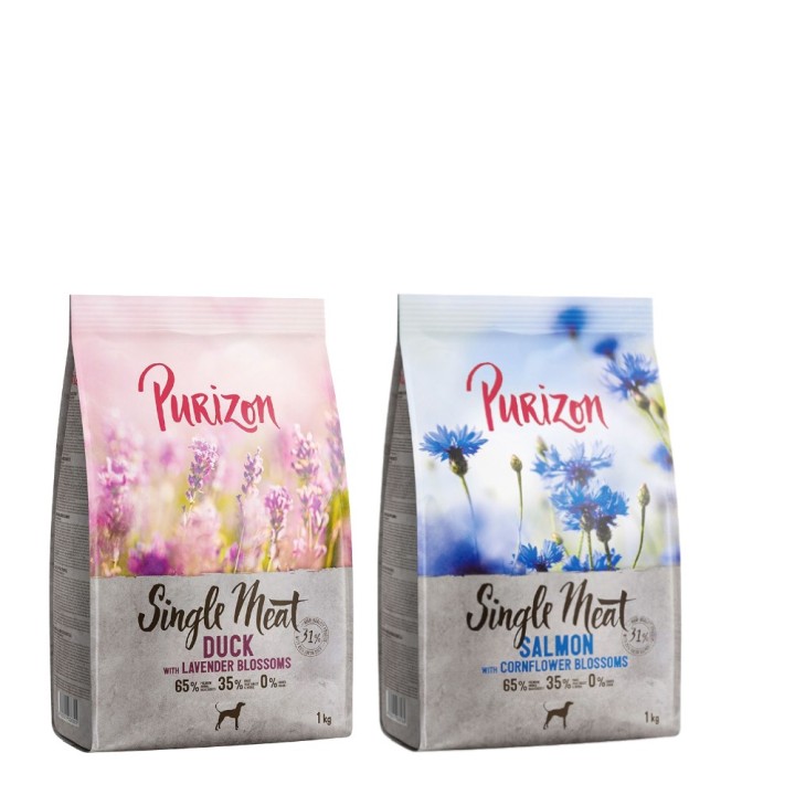 Purizon Probierpaket 2 x 1 kg - Single Meat: Lachs mit Kornblumenblüten, Ente mit Lavendelblüten