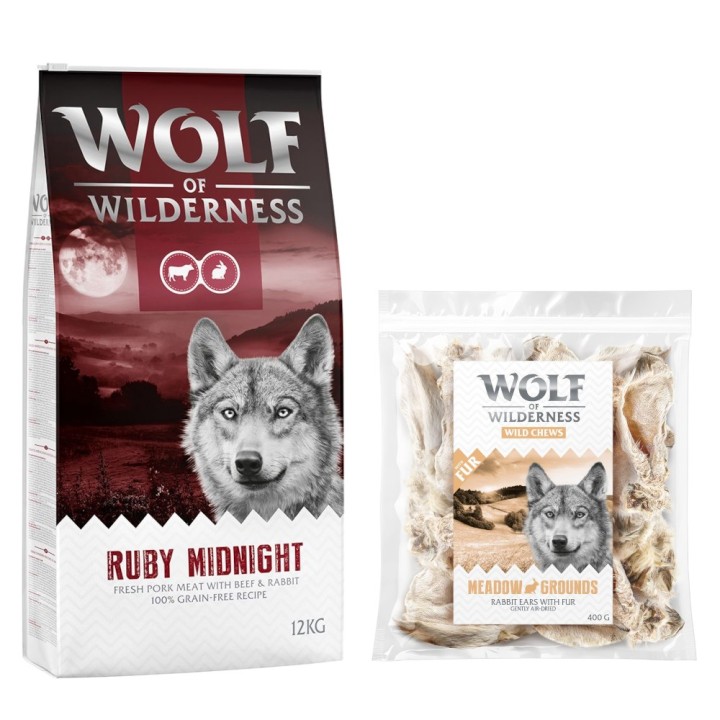 Wolf of Wilderness Kombi-Paket: Adult Trockenfutter + 3 x Kaninchenohren mit Fell Snacks - 12 kg Ruby Midnight - Rind & Kanin