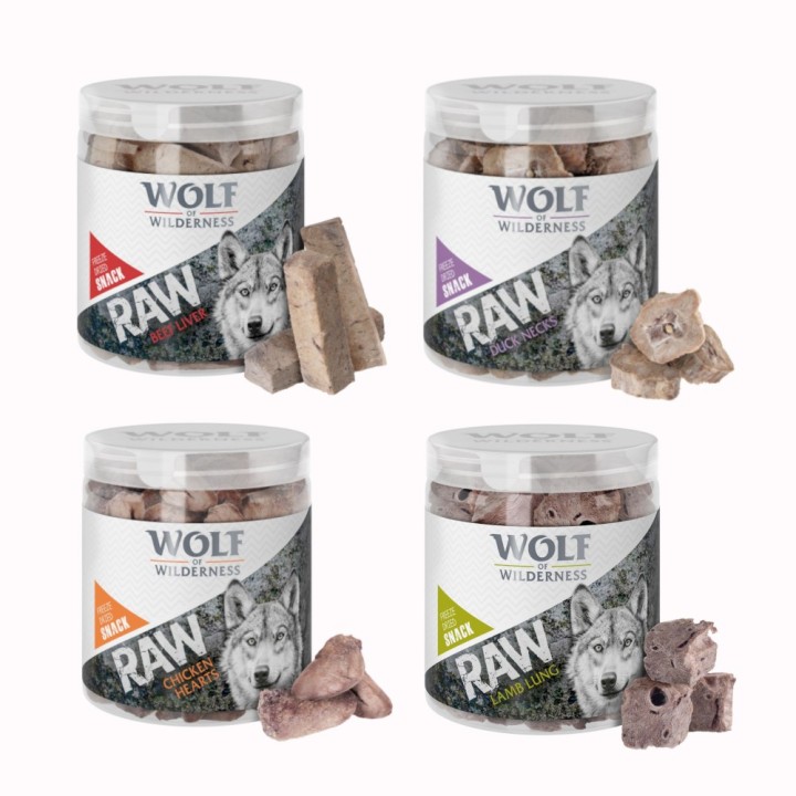 Sparpaket Wolf of Wilderness - RAW Snacks (gefriergetrocknet) - Mix: Rinderleber 90 g, Entenhälse 90 g,, Hühnerherzen 70 g, L