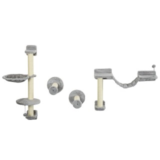 PawHut Wand-Kratzbaum Komplettset 4-teilig mit Hängematte, Bommel, Sprungplattformen, Sisalstange und Leiter Plüsch Grau   Ao