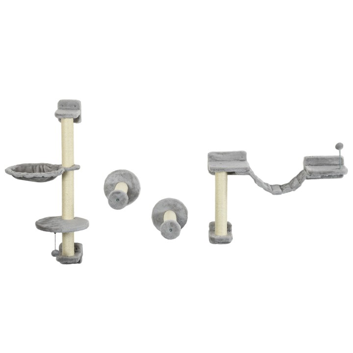 PawHut Wand-Kratzbaum Komplettset 4-teilig mit Hängematte, Bommel, Sprungplattformen, Sisalstange und Leiter Plüsch Grau   Ao