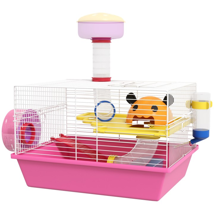 PawHut Käfig für Hamster Ratte Nagetier mit Plattform, Trinkflasche, Rad, Haus, 34 x 27 x 25 cm, rosa   Aosom